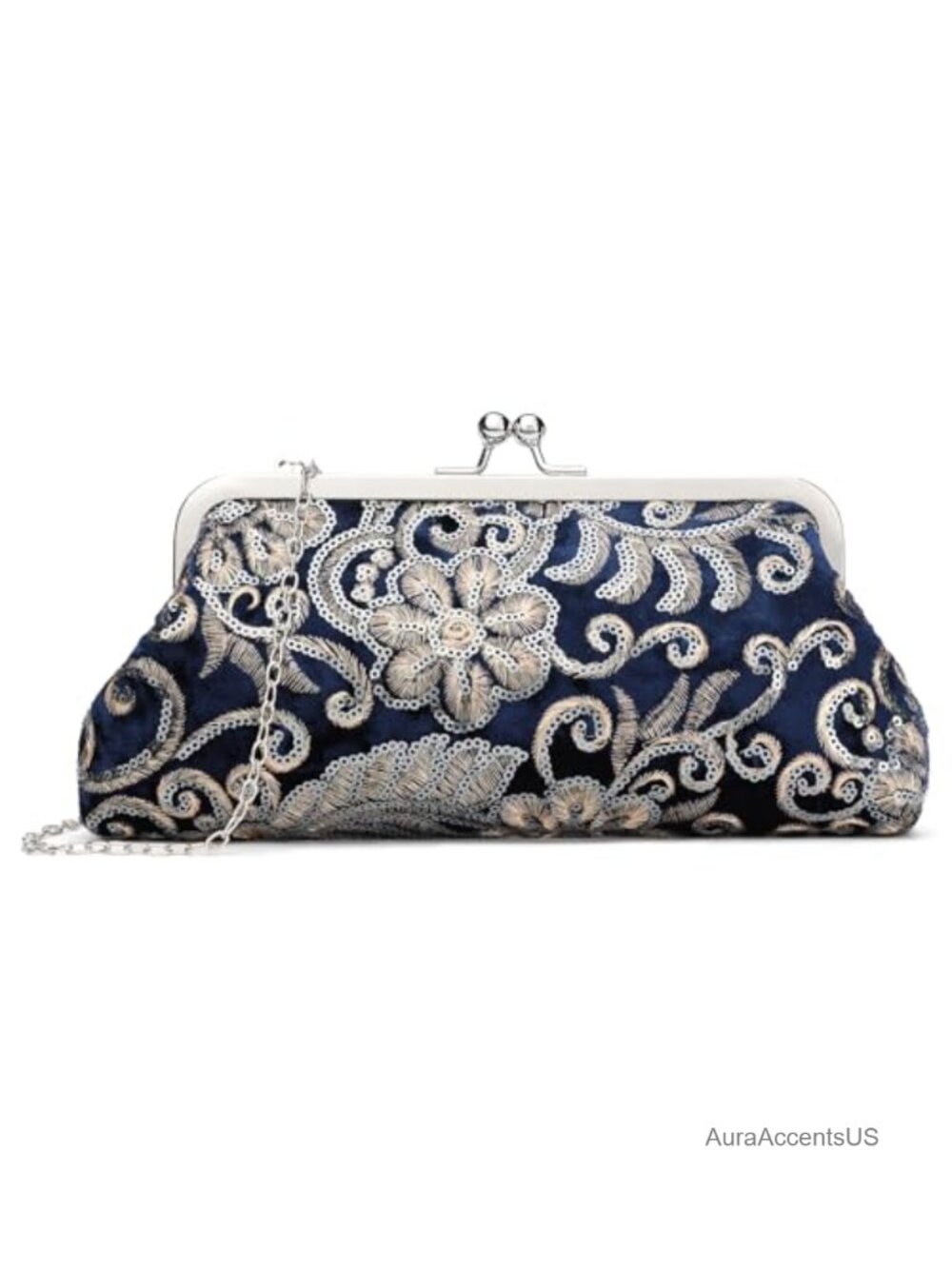 Floral Embroidery Sequin Evening Clutch Kiss Lock Wedding Party Bag